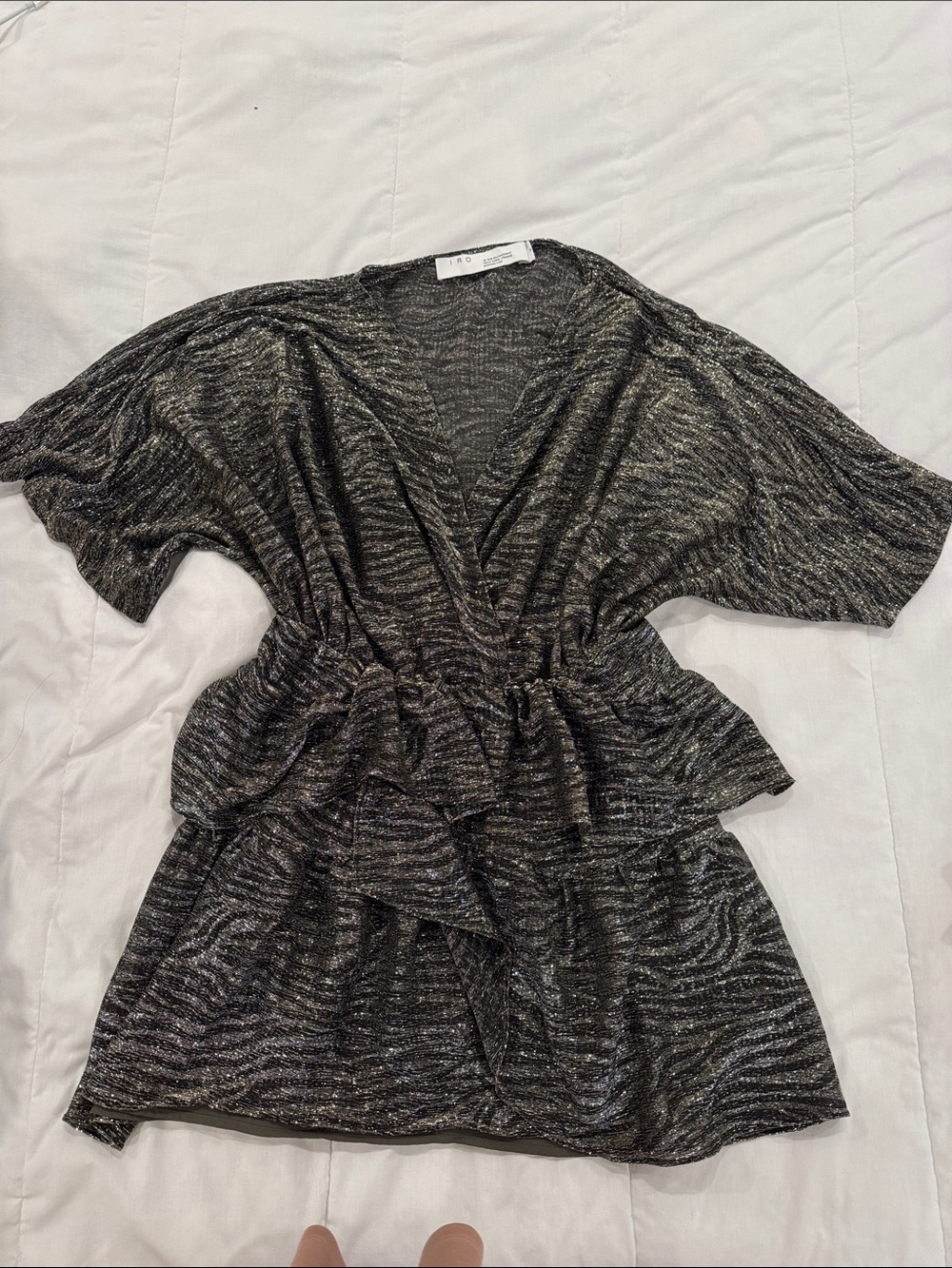 IRO Black and Silver Metallic Wrap-Style Mini Dress